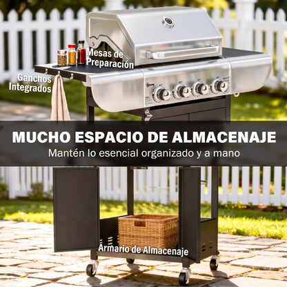 Outsunny Barbacoa De Gas Con 4 Quemadores 12,8 Kw Termómetro Mesas Laterales_5