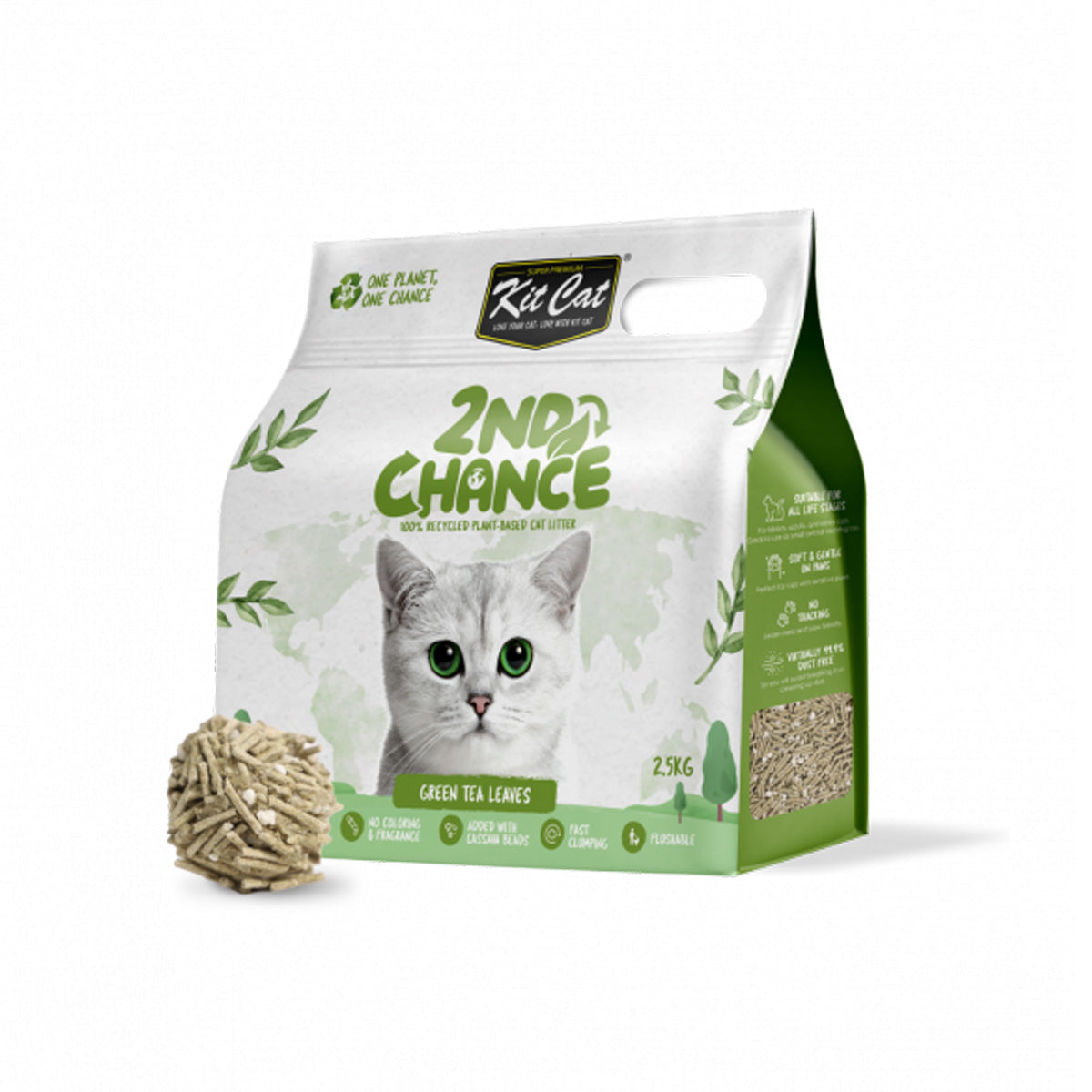 Kit Cat Arena Eco 2nd Chance - Green Tea 2,5 Kg Hojas de Té Verde, Guisante y Yuca