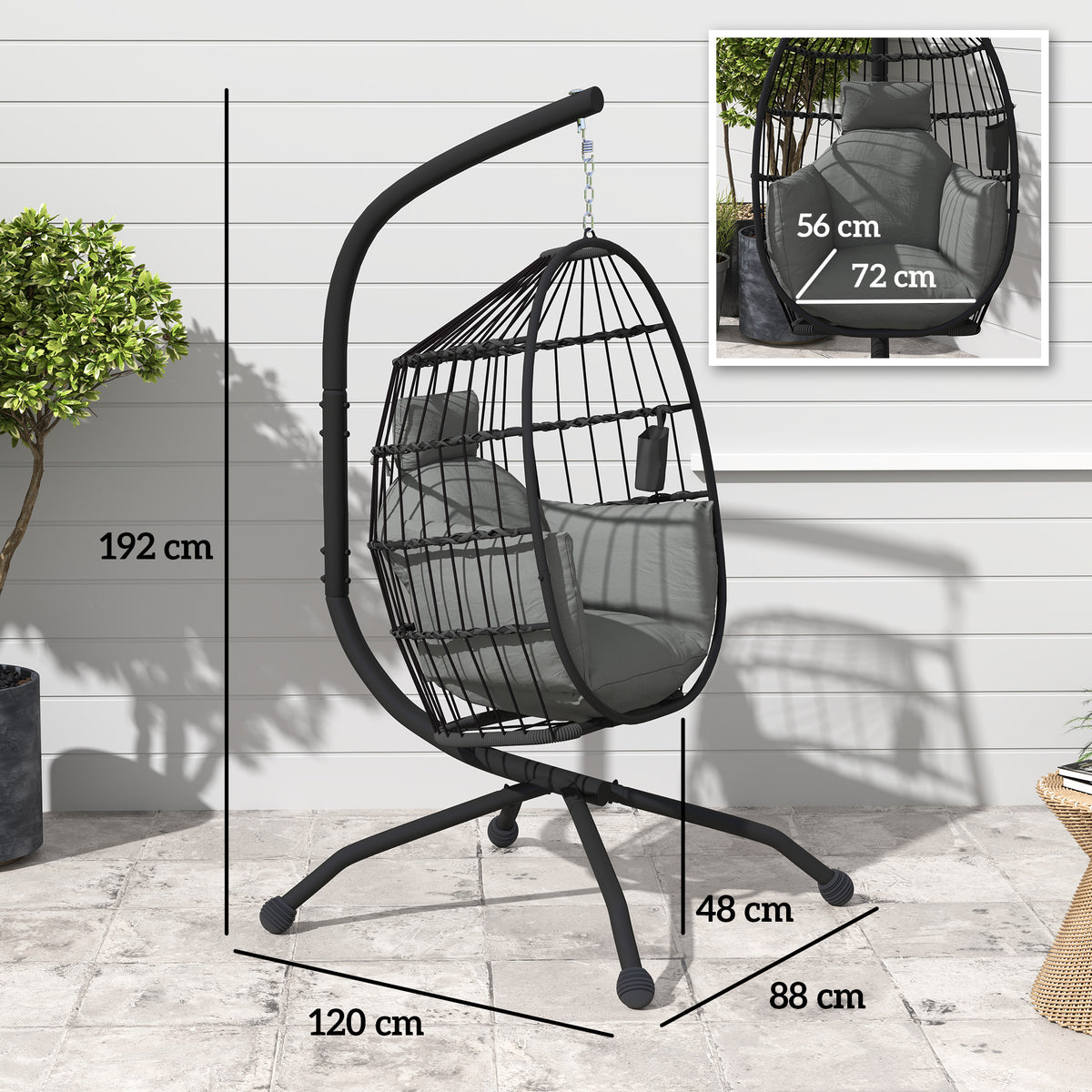 Outsunny Silla Colgante Huevo Con Soporte Cesta Plegable Cojín Carga 120kg Negro_2