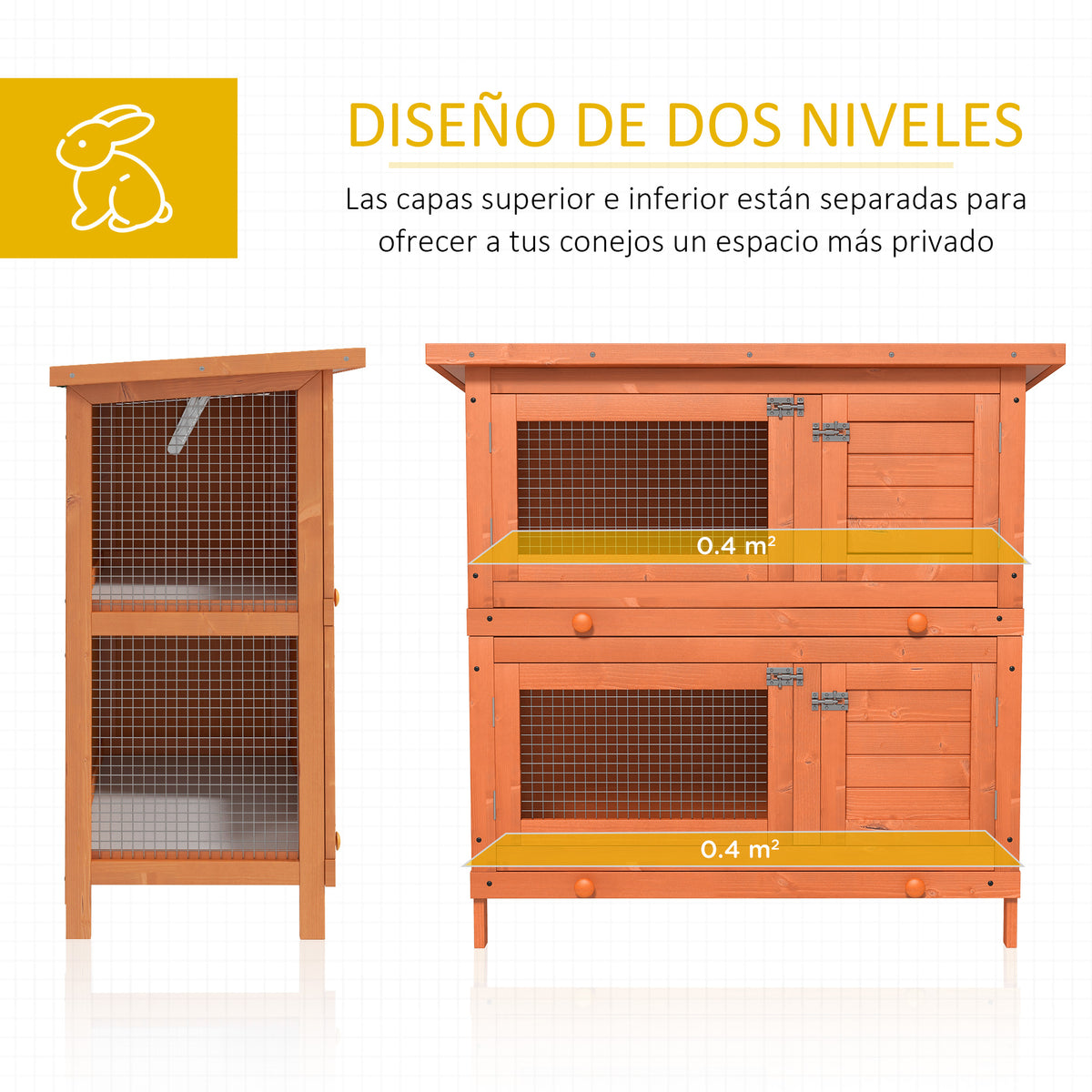 Pawhut Conejera Madera Exterior 2 Pisos Con Techo Asfáltico Abrible 90x45x90 Cm_5