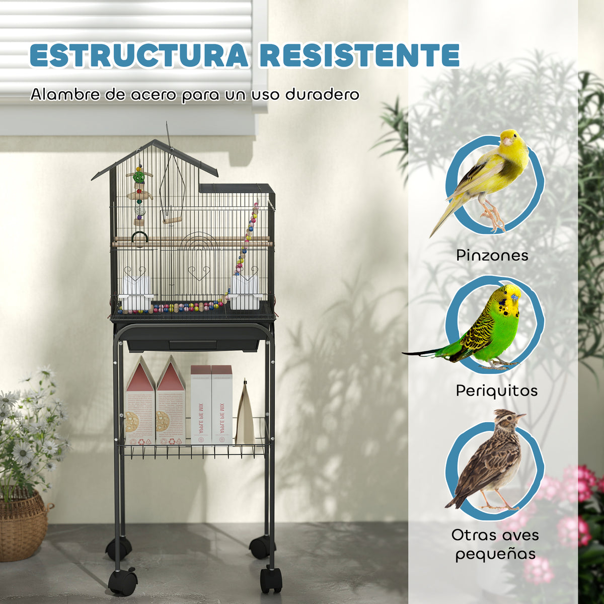 Pawhut Jaula Para Pájaros Con Ruedas Puertas 2 Comederos Columpio 46x36x120cm_5