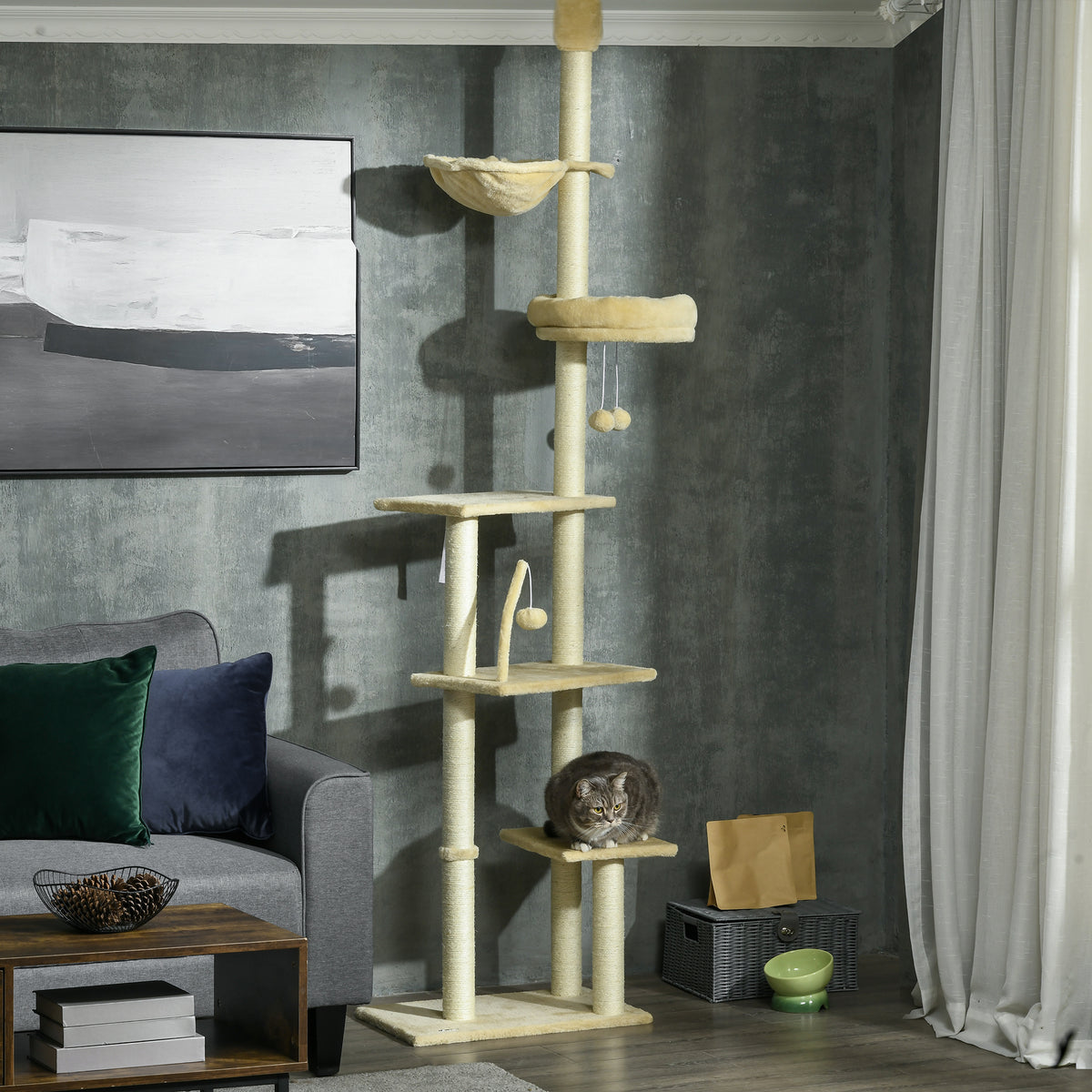 Pawhut Árbol Para Gatos De Suelo A Techo De 230-250cm Con Altura Ajustable Beige_1