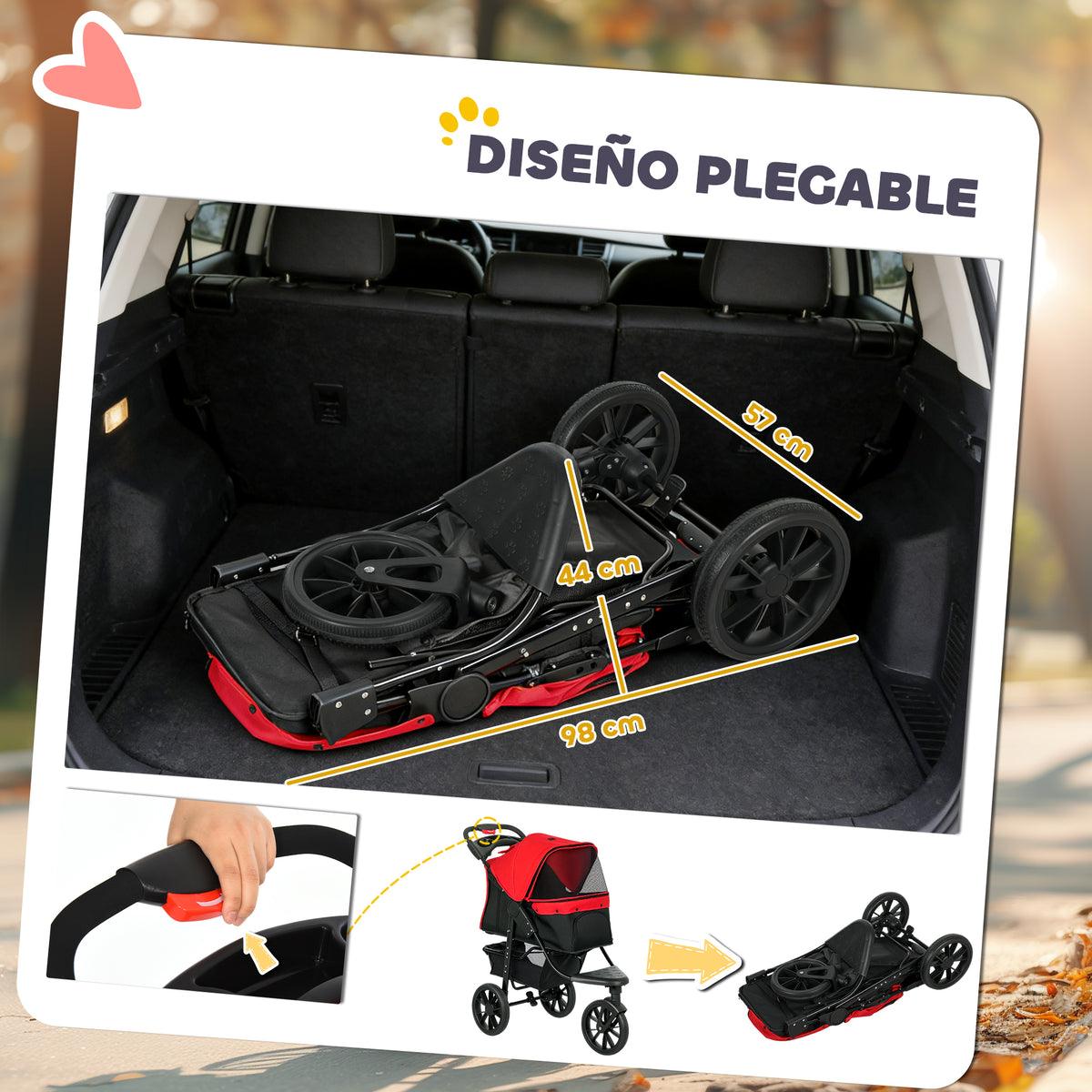 Pawhut Carrito Para Perros Plegable Con 3 Ruedas 109,5x57,5x106,5 Cm Rojo_5