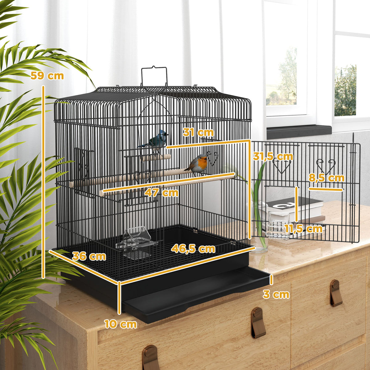 Pawhut Jaula Para Pájaros 46,5x36x59 Cm Con Puertas Y Bandeja Extraíble Negro_2