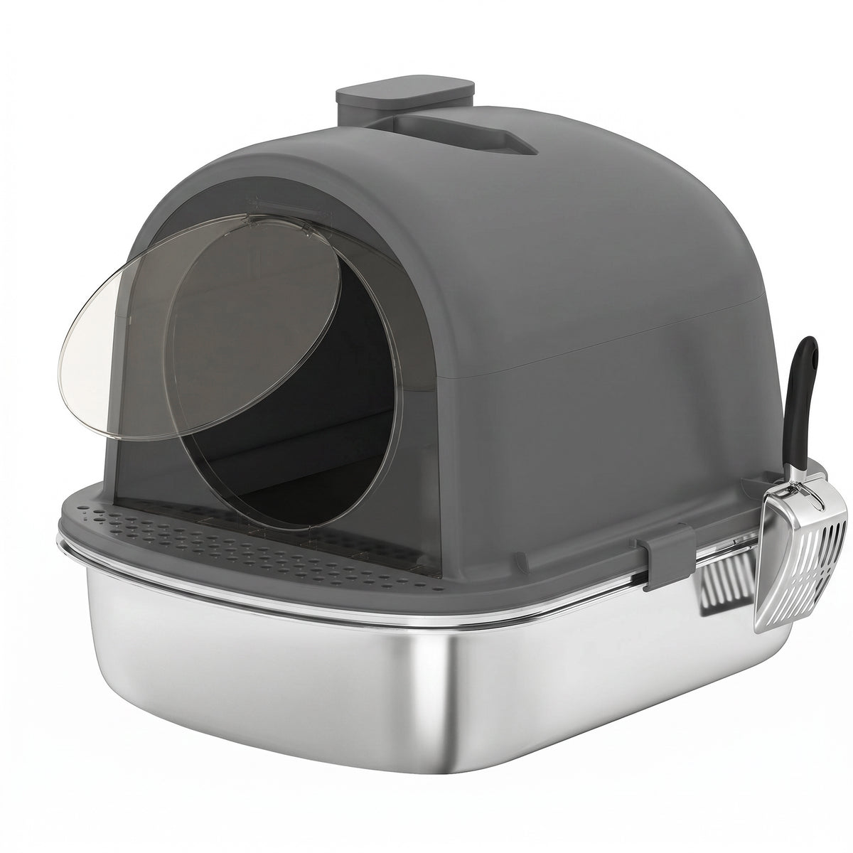 Pawhut Arenero Para Gatos Cubierto De Acero Inoxidable Con Pala Gris Oscuro_1