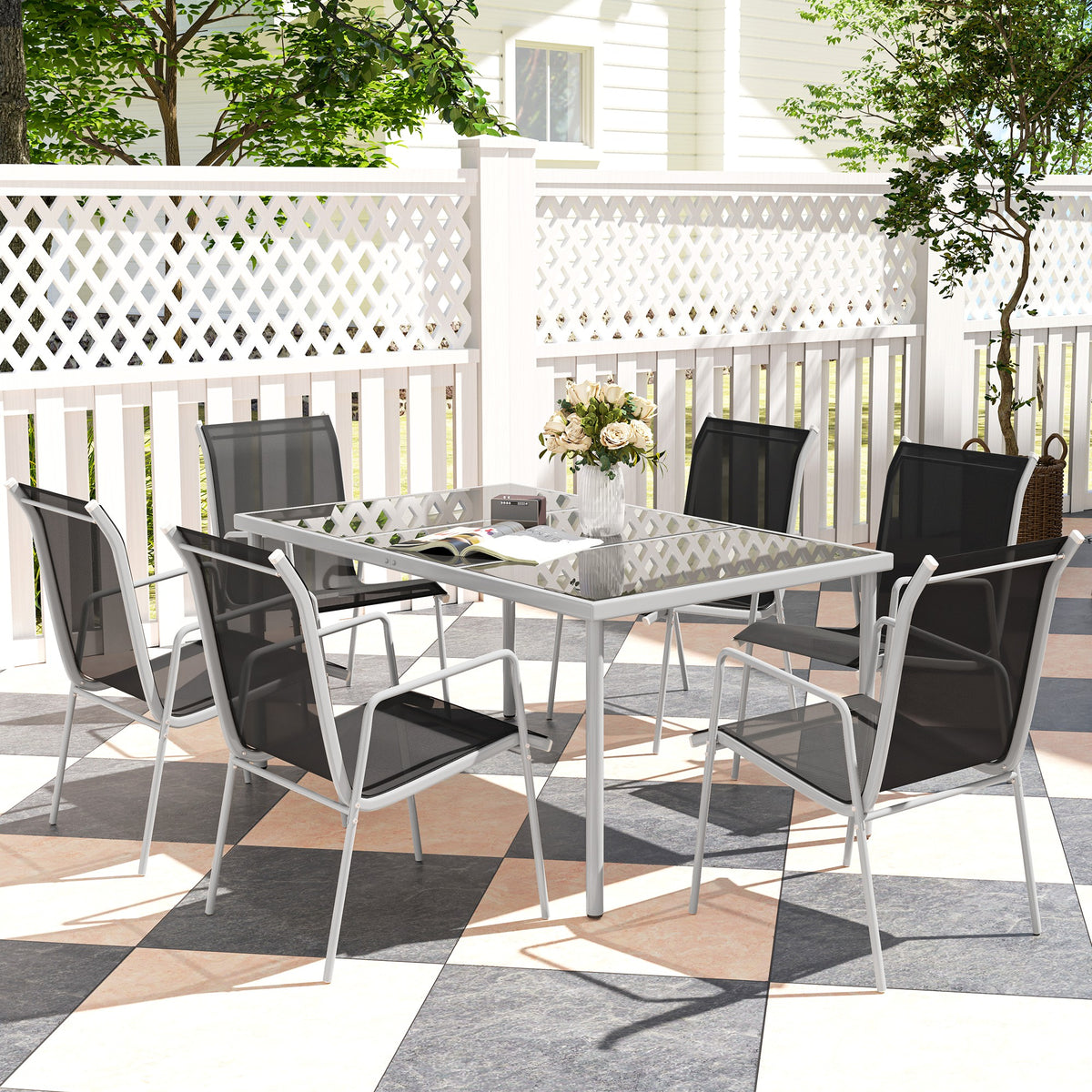 Outsunny Conjunto De Comedor De Exterior Con 1 Mesa 6 Sillas Apilables Negro_4