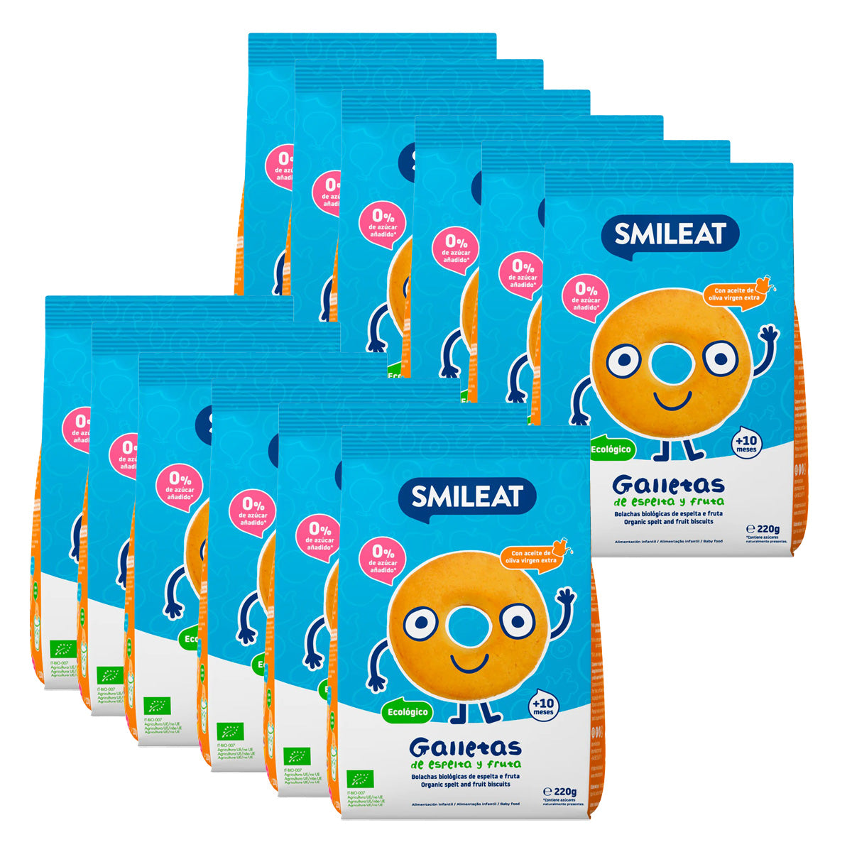 Pack 12x Galletas infantiles ECO de espelta con manzana Smileat, 220g