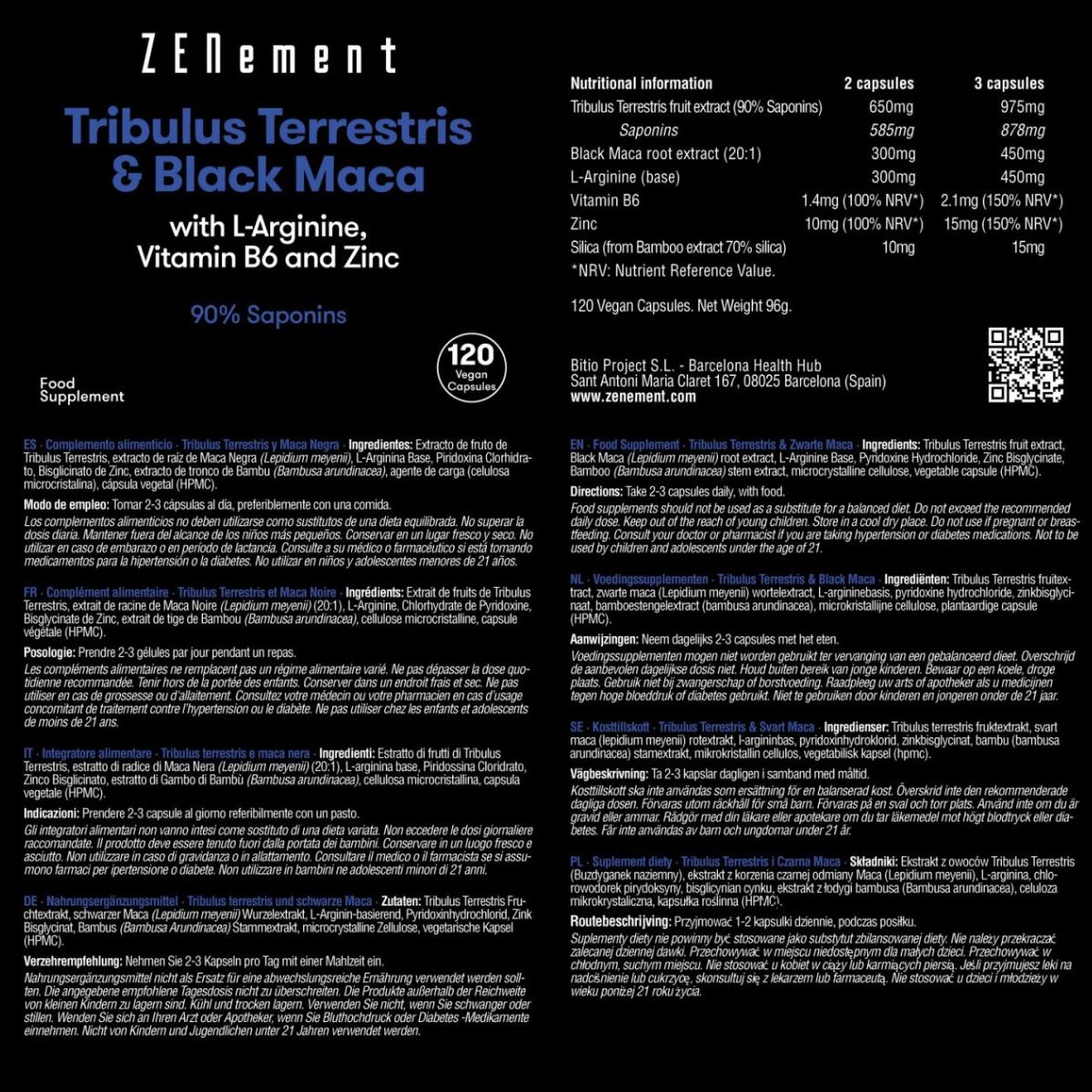 Tribulus Terrestris & Maca Negra, con L-Arginina, vitamina B6 y Zinc, Zenement 120 comprimidos