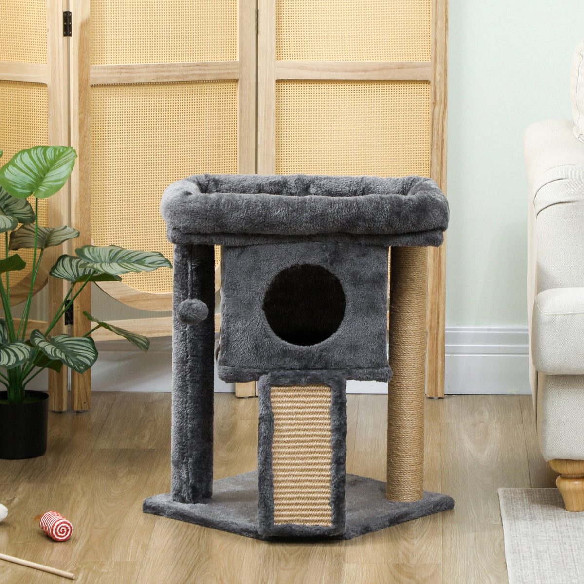 Pawhut Árbol Rascador Para Gatos Pequeños 57 Cm Con Cueva Cama Gris Oscuro_1
