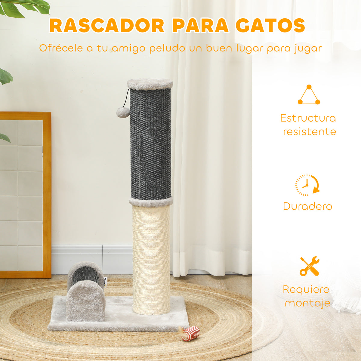 Pawhut Poste Rascador Para Gatos 85 Cm Con Cepillo De Auto Acicalado Gris Crema_5
