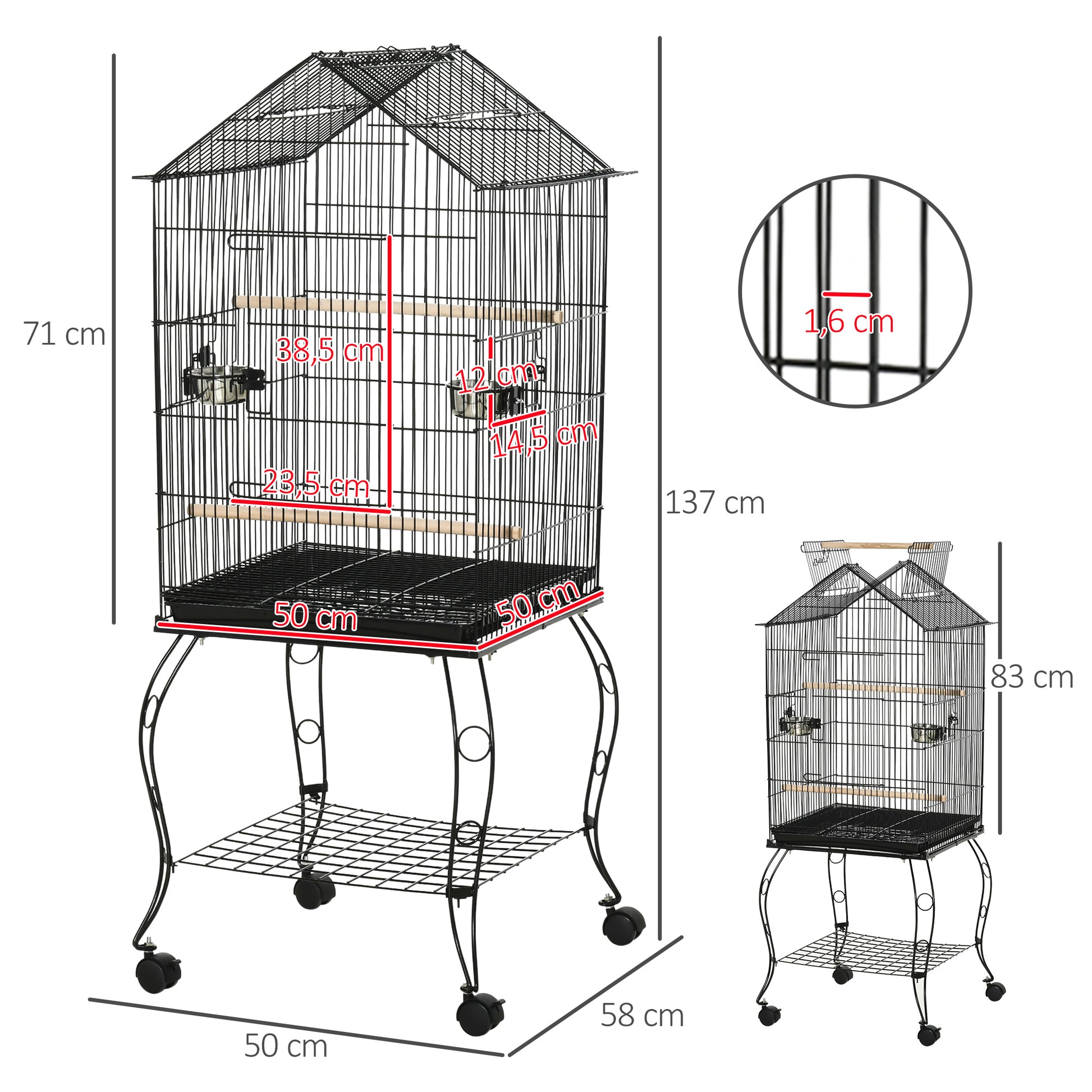 Pawhut Jaula Para Pájaros 50x58x145 Cm Con 3 Puertas 2 Comederos 3 Perchas_2