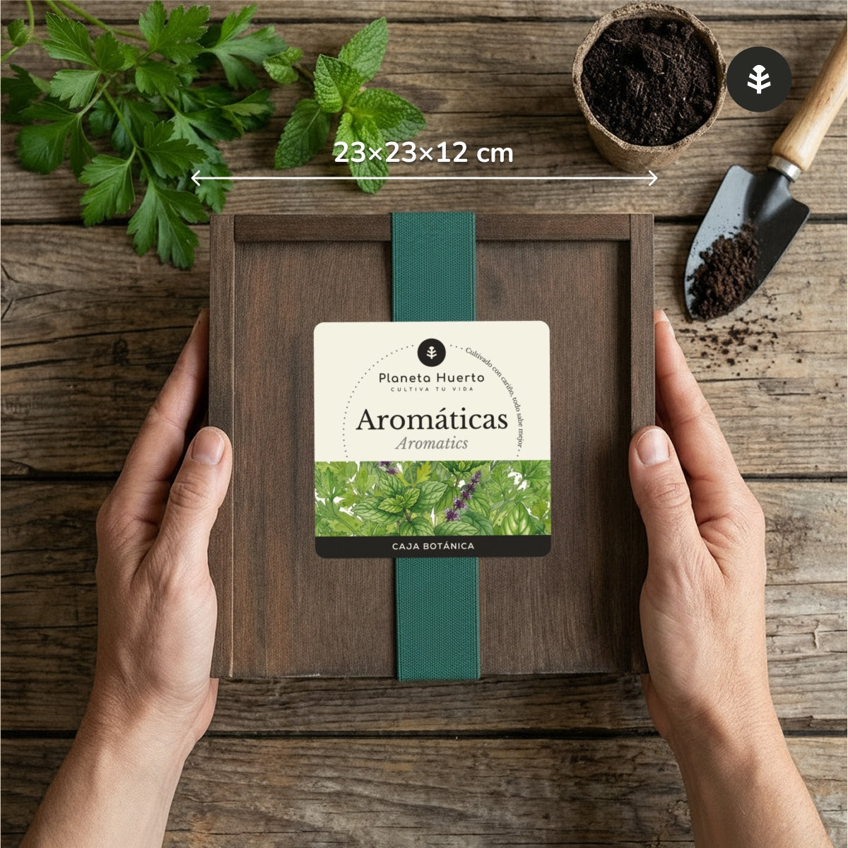 Kit de Cultivo de Aromáticas en Caja de Madera – Regalo Original Planeta Huerto