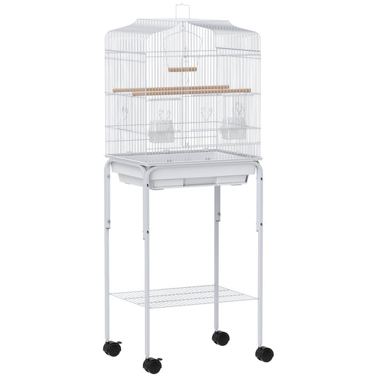 Pawhut Jaula Para Pájaros Con Ruedas Estante Comederos 46,5x36x124 Cm Blanco_0