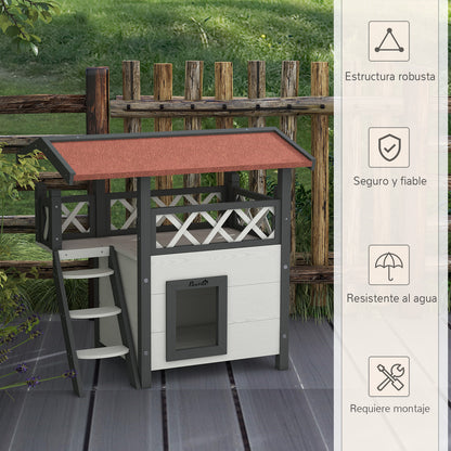 Pawhut Casa Para Gatos De Madera 77x50x73 Cmcon Techo Asfáltico Escalera Blanco_5