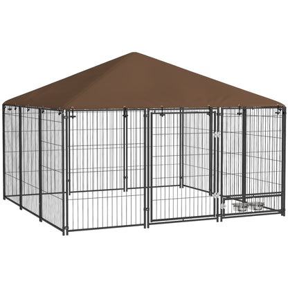 Pawhut Perrera Con Toldo Y 2 Cuencos Para Exterior 211x211x151 Cm Negro Y Café_0