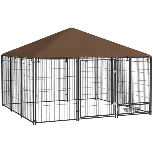Pawhut Perrera Con Toldo Y 2 Cuencos Para Exterior 211x211x151 Cm Negro Y Café_0