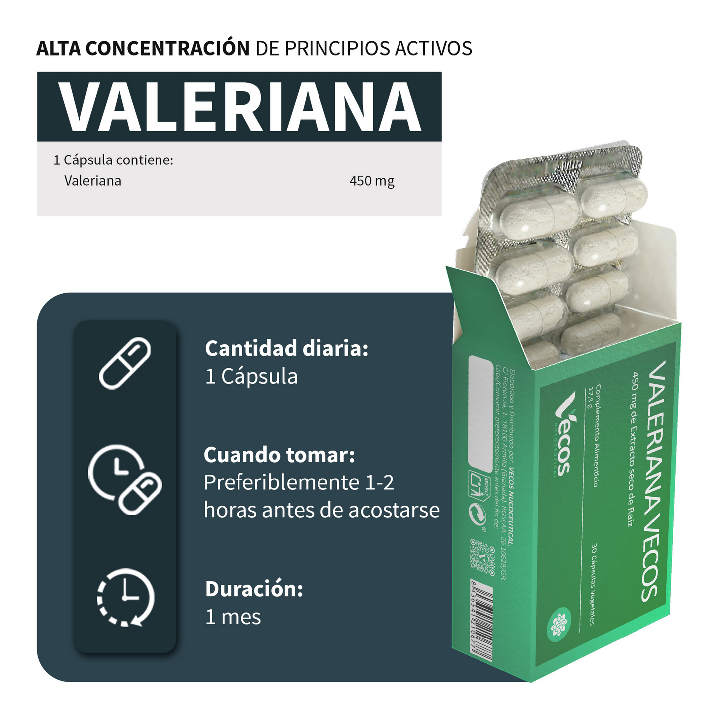 Valeriana 450mg Vecos 30 Cápsulas | Conciliar Un Sueño Reparador Y Pronto_2