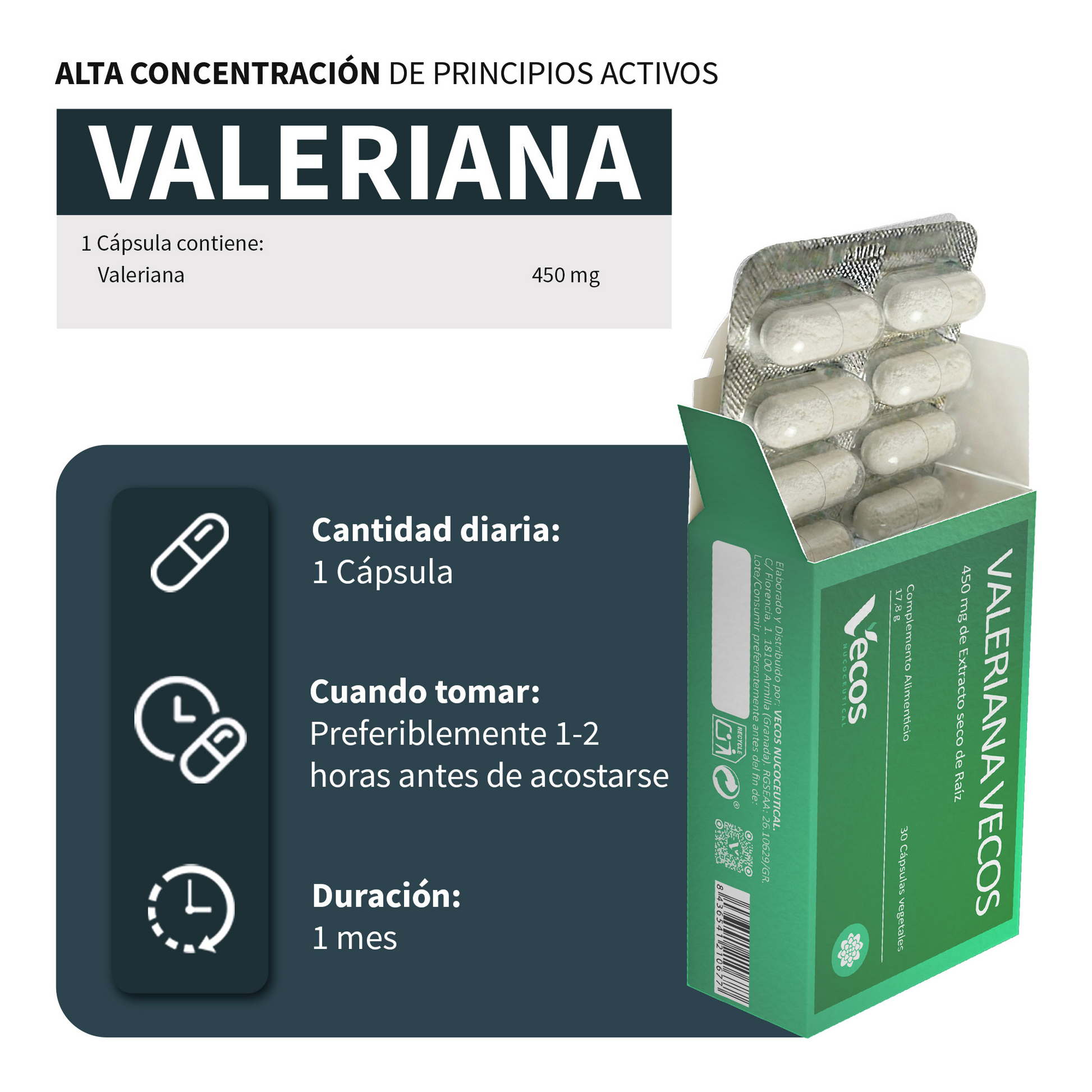 Valeriana 450mg Vecos 30 Cápsulas | Conciliar Un Sueño Reparador Y Pronto_2