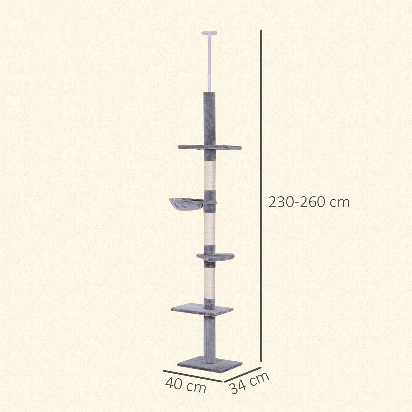 Pawhut Árbol Para Gatos De Suelo Al Techo De 230-260 Cm Con Plataformas Gris_2