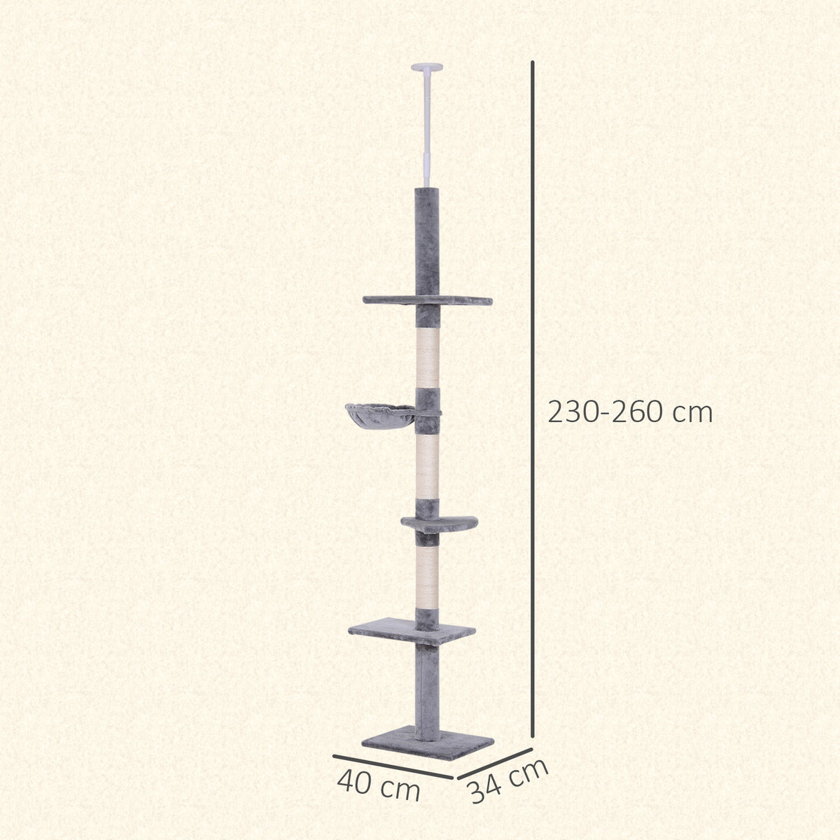 Pawhut Árbol Para Gatos De Suelo Al Techo De 230-260 Cm Con Plataformas Gris_2