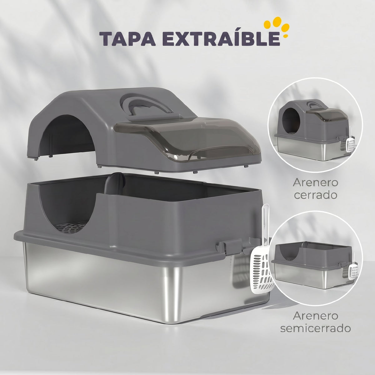 Pawhut Arenero Para Gatos Cubierto Extragrande Con Bandeja De Acero Inoxidable_3