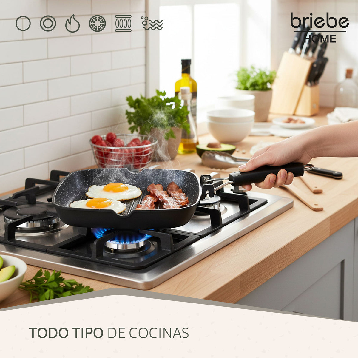 Briebe Grill Asador, Inducción, Antiadherente Titanio 24x24cm Aluminio Fundido Sin Pfoa Mango Plegable, Gp1158, Negro_4