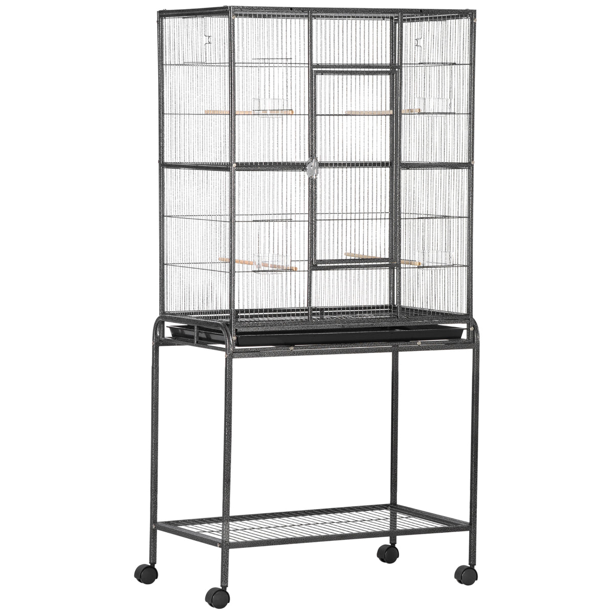 Pawhut Jaula Para Pájaros Con 4 Comederos Ruedas 81x48x162,5 Cm Negro Y Gris_0