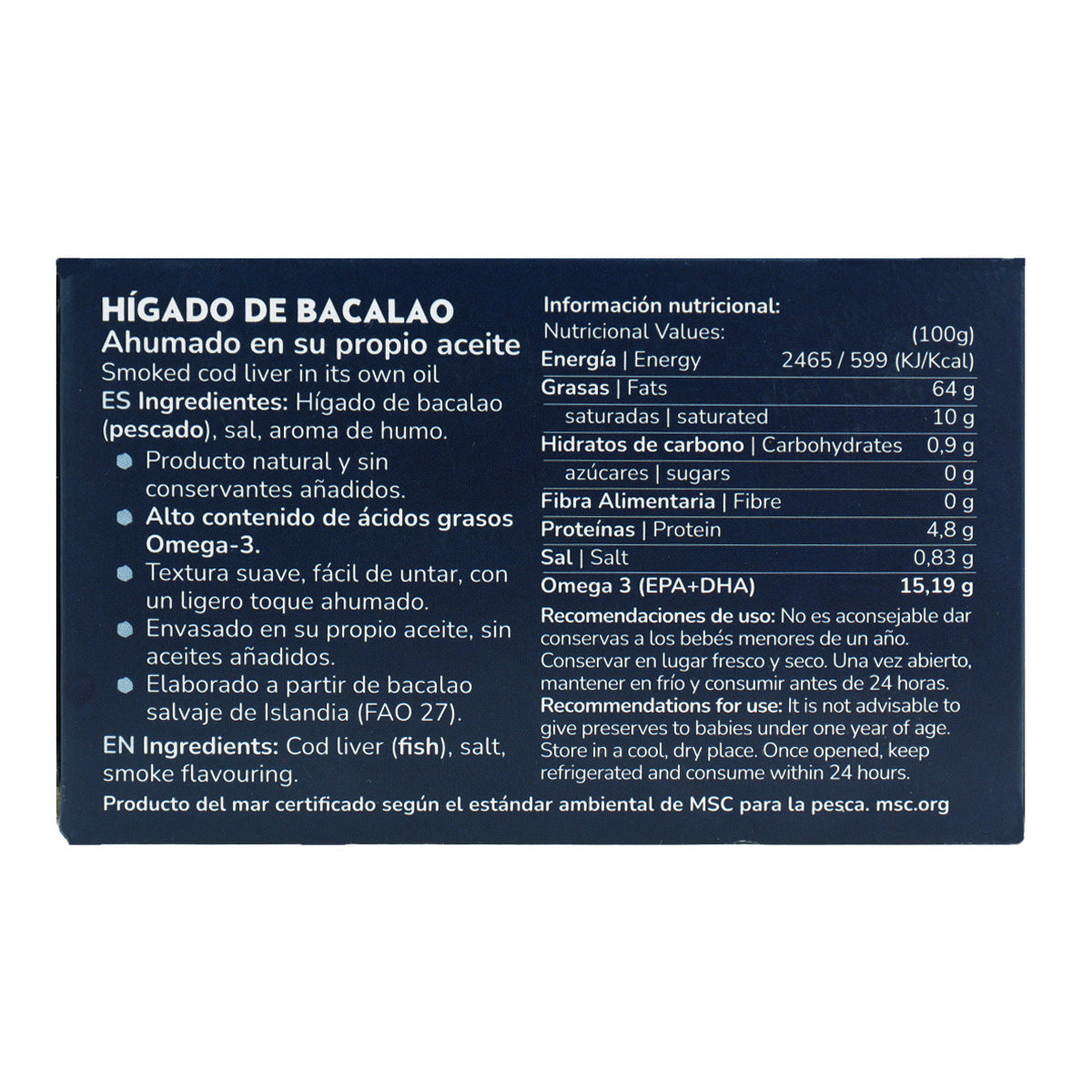 Hígado de bacalao en su propio aceite MSC pesca sostenible Planeta Huerto 120 g