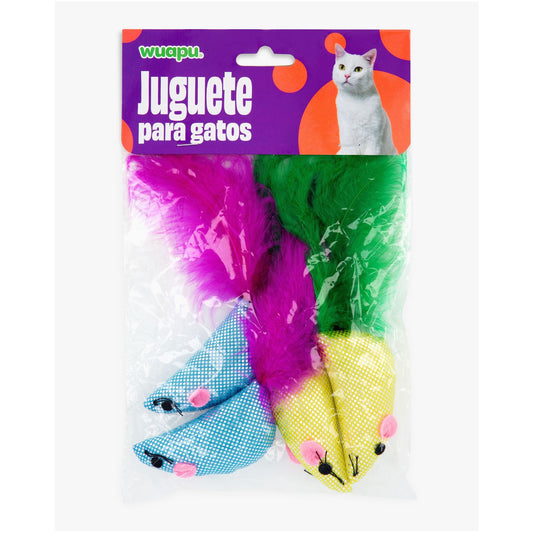 Juguete Para Gato En Pack De 4 Ratones Con Pluma En La Cola. De 6,5cm En Surtido De Colores Wuapu_0