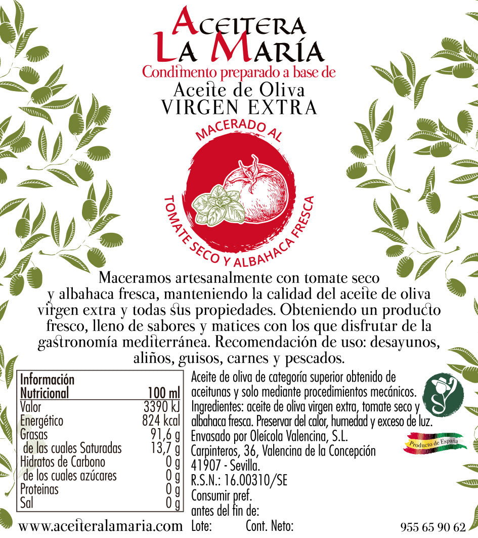 Aceite De Oliva Virgen Extra Macerado Al Tomate Seco Y Albahaca 50 Cl Con Vertedor_1