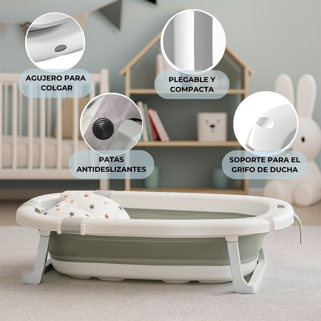 Bathby Bañera Plegable Gris Para Bebés, Cojín Reductor, Termómetro, Patas Antideslizantes (gris Pastel)_3
