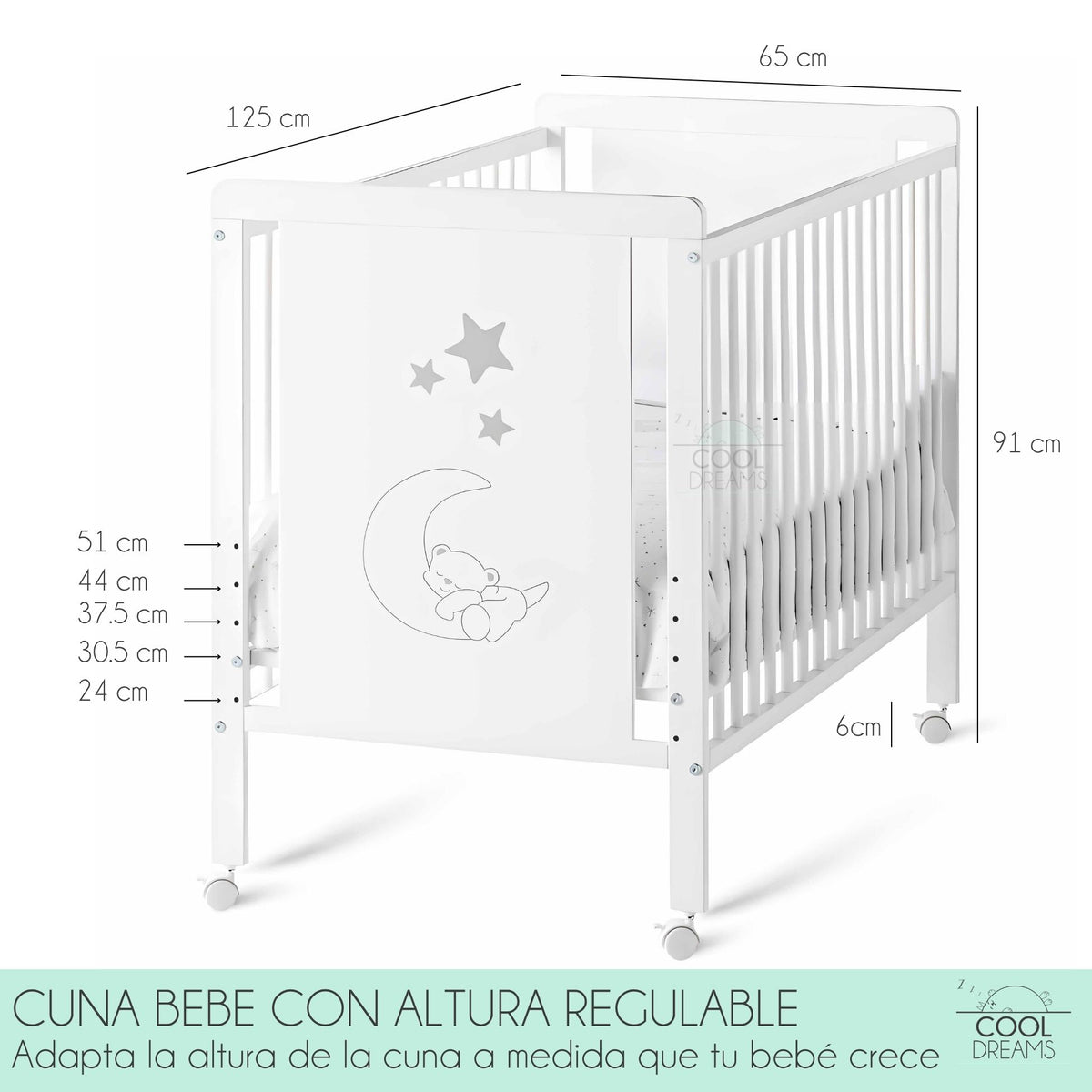 Cuna De Bebé Indi Estilo Nórdico Infantil 120x60cm Blanca Y De Madera De Haya, 5 Alturas De Somier Y 4 Ruedas Con Freno_4