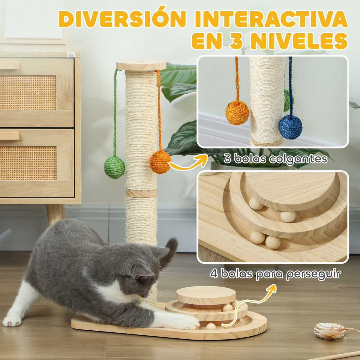 Pawhut Poste Rascador Para Gatos 56,5 Cm Con 3 Bolas Colgantes Madera Natural_3