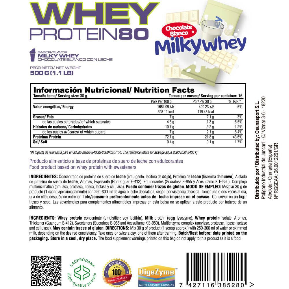 Whey Protein80 - 500g - Chocolate Blanco Con Leche Milkywhey - Aumenta La Masa Muscular - Masmusculo_4