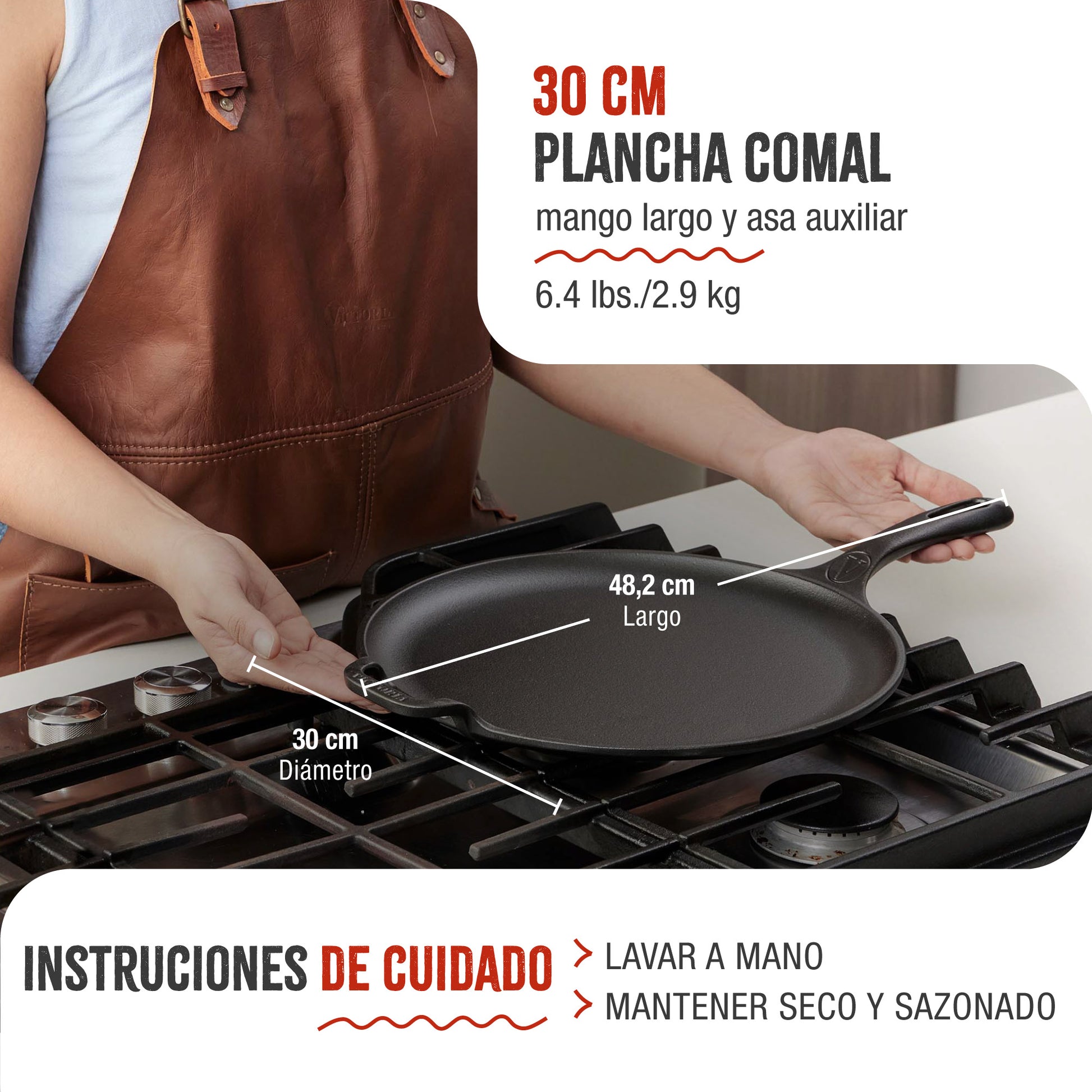 Victoria Plancha Cocina Inducción Comal Hierro Fundido Curado Para Pizza, Tortillas 30cm Fuego, Barbacoa, 35891, Negro_4