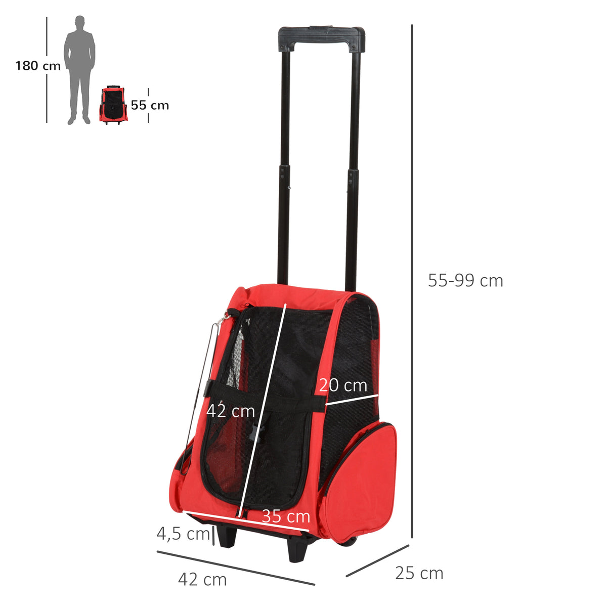 Pawhut Transportín 2 En 1 Para Mascotas Carrito Mochila Ruedas 42x25x55 Cm Rojo_2