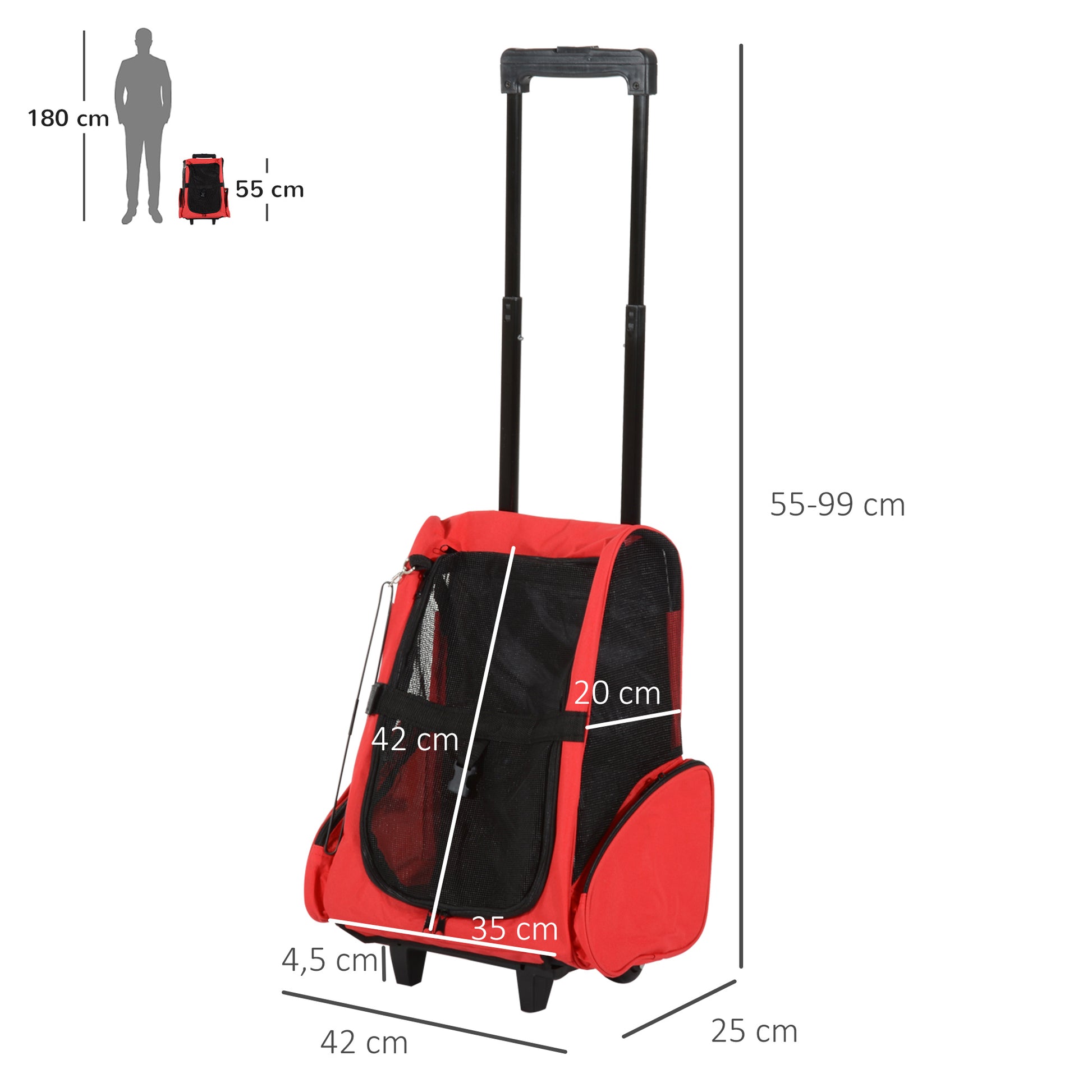 Pawhut Transportín 2 En 1 Para Mascotas Carrito Mochila Ruedas 42x25x55 Cm Rojo_2