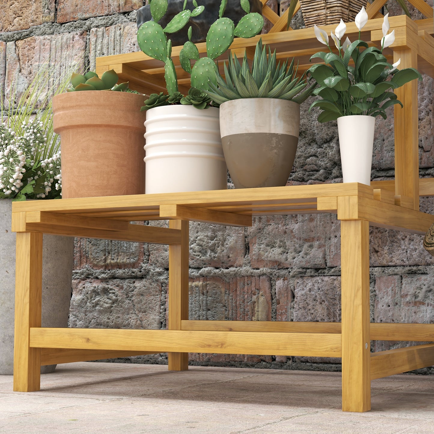 Outsunny Soporte Para Plantas De Madera De 2 Niveles Con Enrejado Natural_4