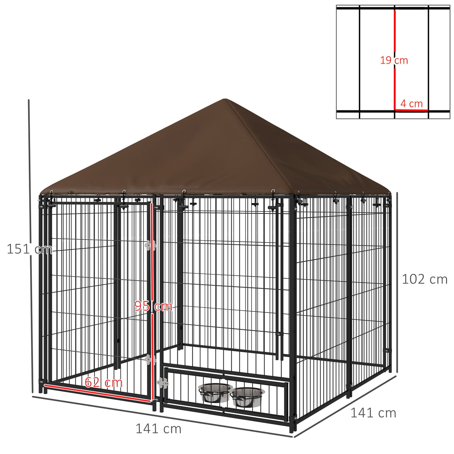 Pawhut Perrera Con Toldo Y 2 Cuencos Para Exterior 141x141x151 Cm Negro_2