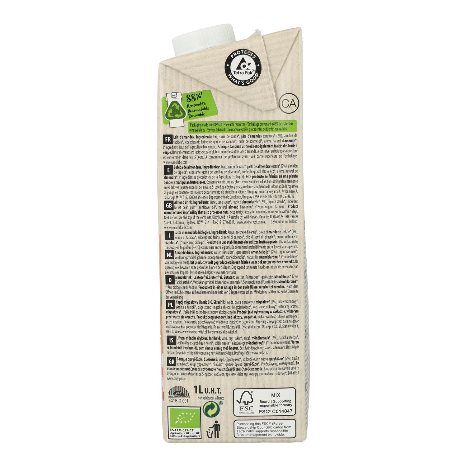 Bebida vegetal de Almendra classic bio Ecomil 1 L