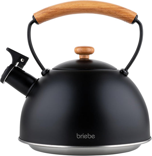 Briebe Tetera Con Silbato, Hervidor De Agua 2,3l, Inducción, Acero Inox, Vintage, Mango Madera, Wooden, Negro_0