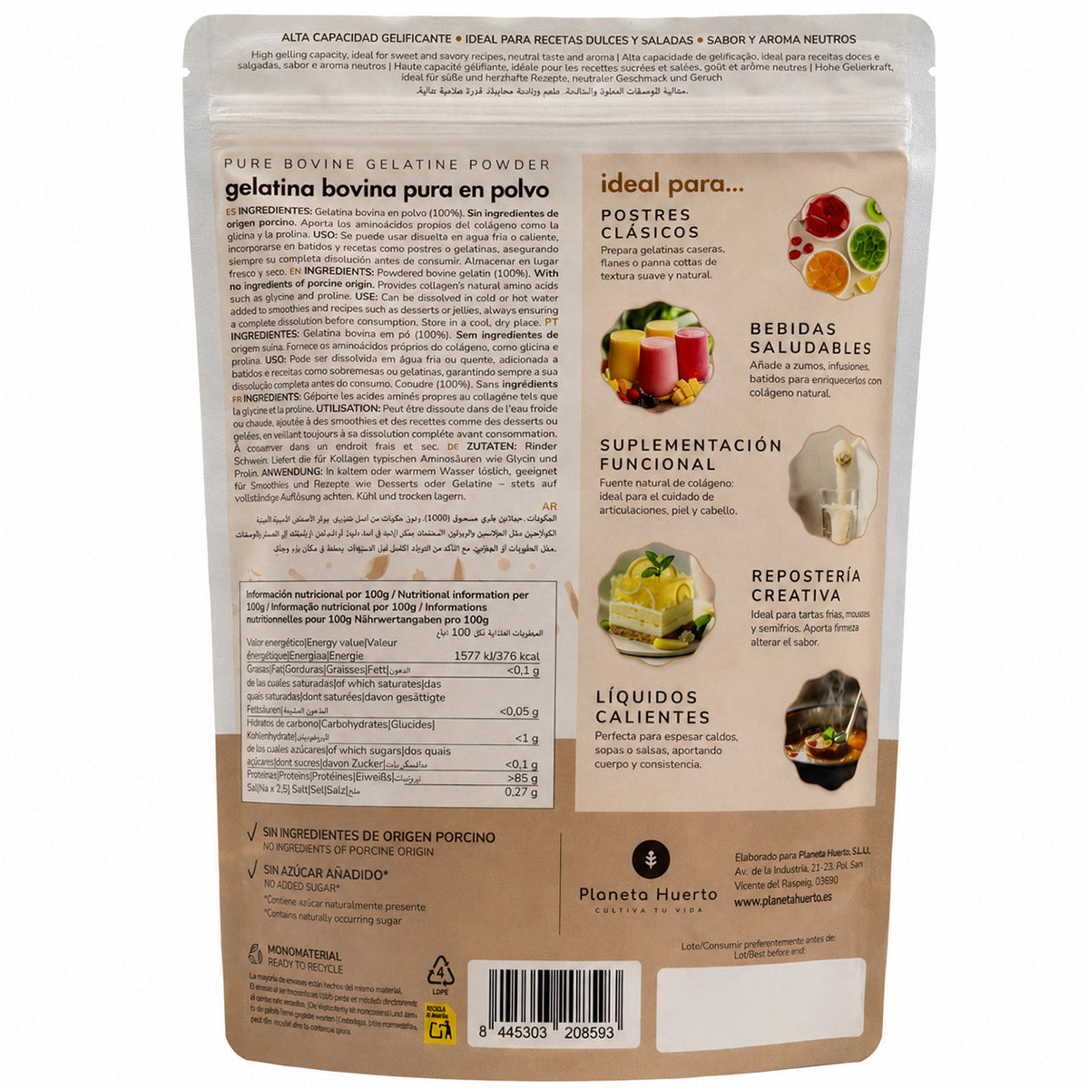 Gelatina Bovina neutra en polvo fuente de colágeno Planeta Huerto 1 Kg