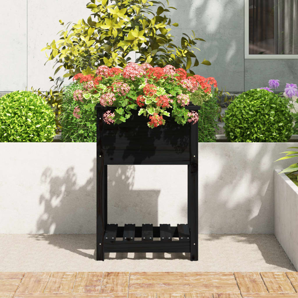 Jardinera Con Estante Madera Maciza De Pino Negro 54x54x81 Cm_2