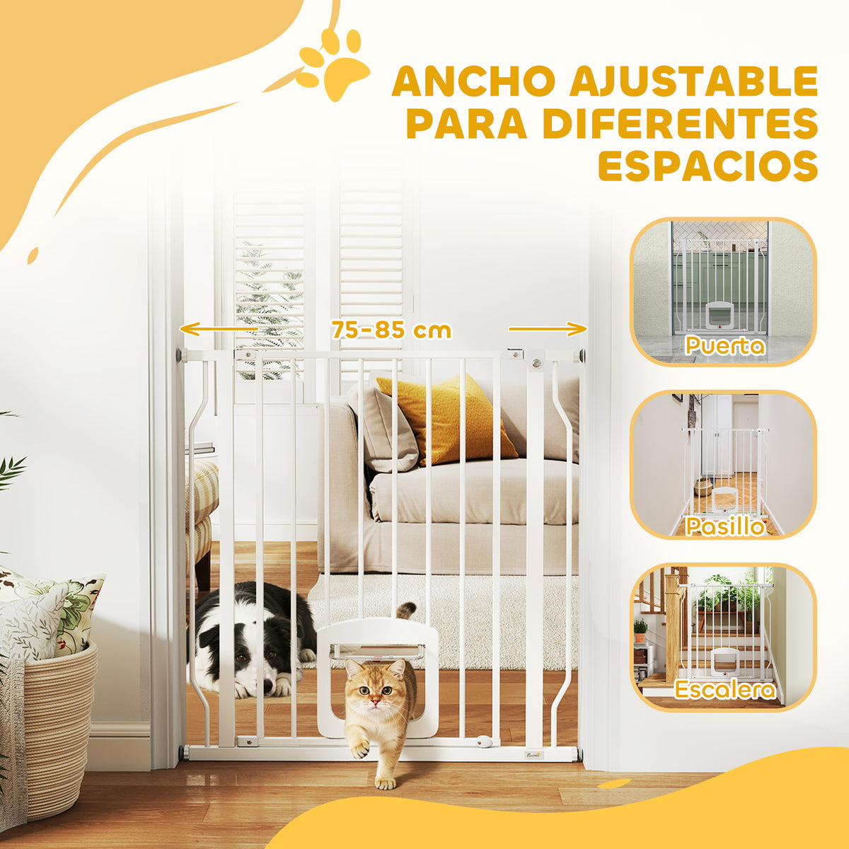 Pawhut Barrera De Seguridad Para Perros Para Escaleras Y Puertas 75-85 Cm Blanco_3