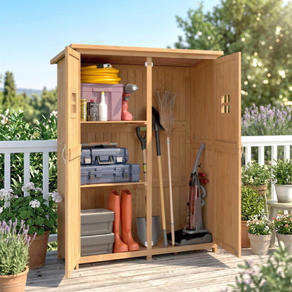 Outsunny Cobertizo De Madera Caseta Jardín Con Estantes 127,5x50x164 Cm Natural_3