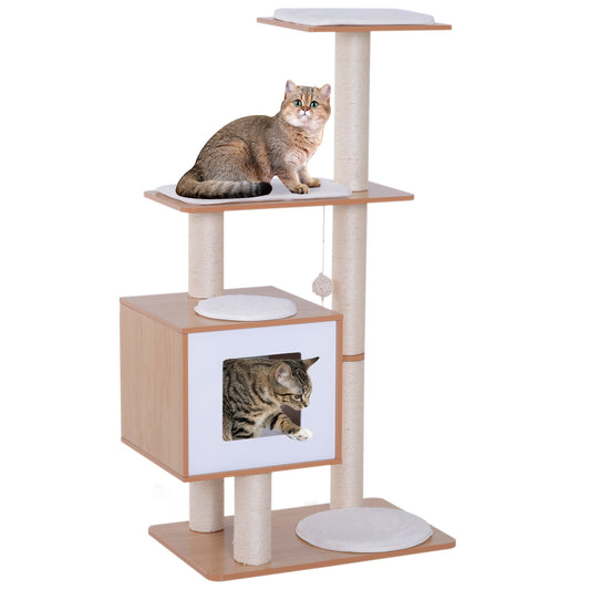 Pawhut Árbol Rascador Gatos De Madera 71,5x49,5x120 Cm Con Cueva Postes De Sisal_0