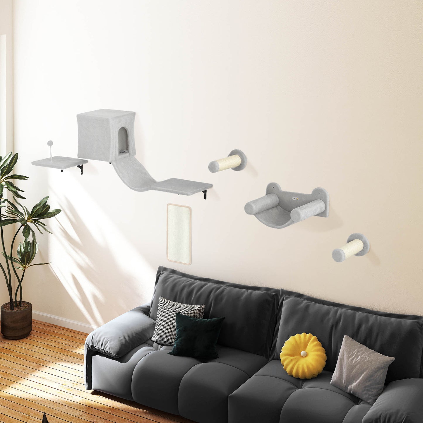 Pawhut Juego De Pared De Escalada Para Gatos 6 Piezas Con Condominio Plataforma_1