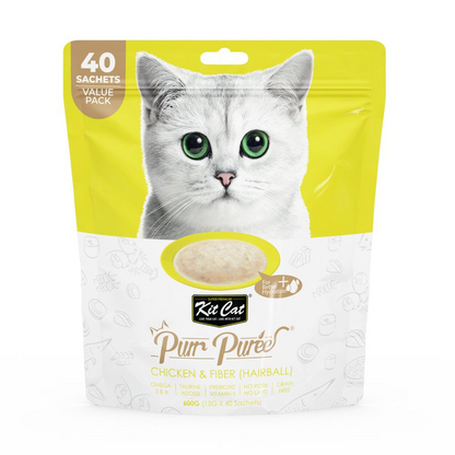 Kit Cat PurrPuree Value Pack - Pollo y Fibra Hairball - Kit Cat 40x15 g Snack cremoso para gatos