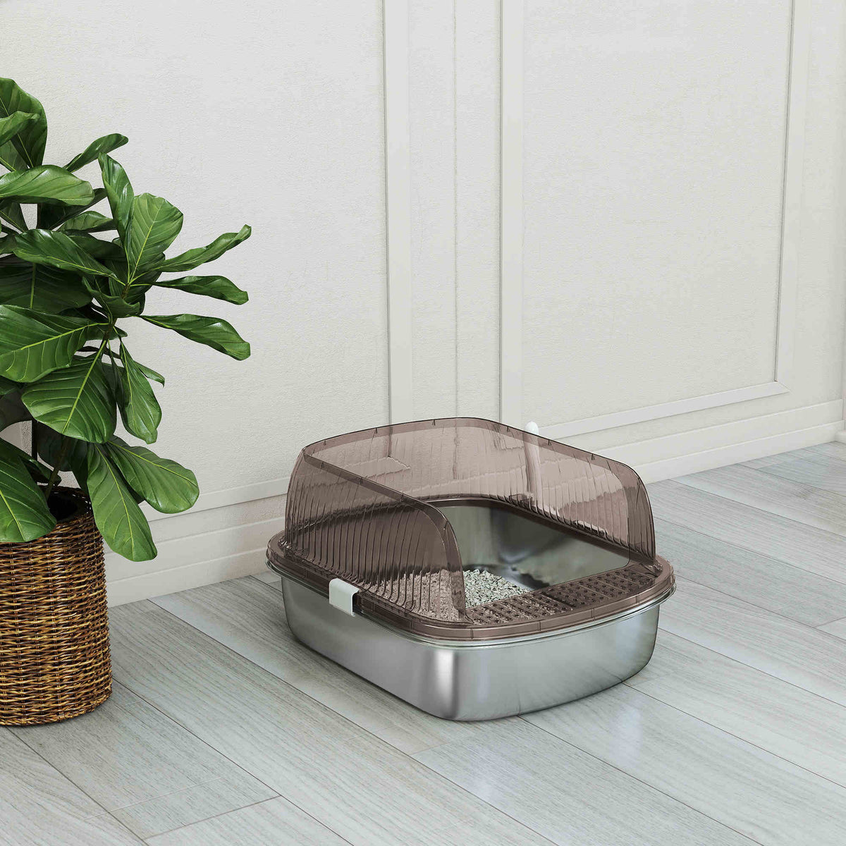 Pawhut Arenero Para Gatos Cubierto Con Bandeja De Acero Bordes Altos Y Pala Gris_1