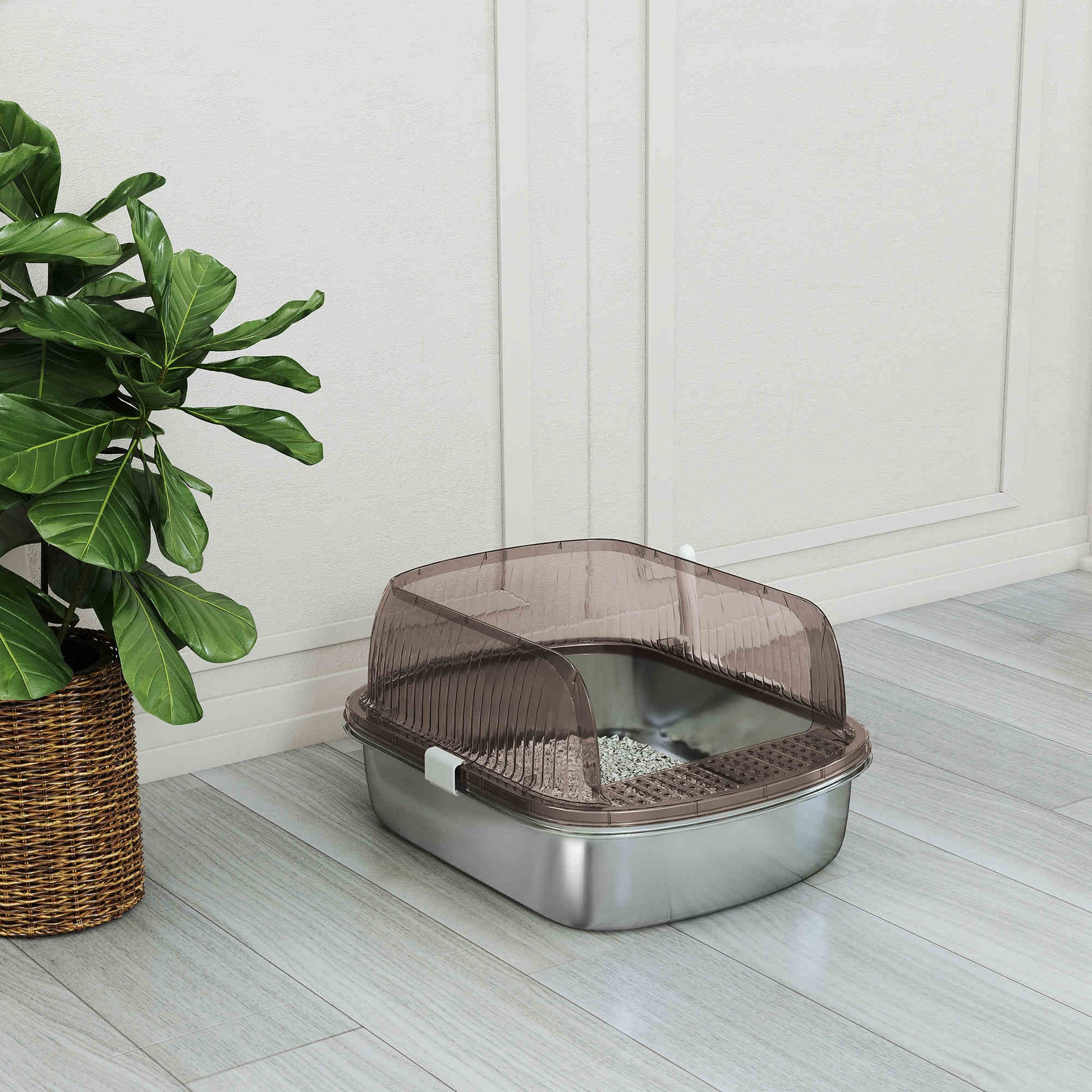 Pawhut Arenero Para Gatos Cubierto Con Bandeja De Acero Bordes Altos Y Pala Gris_1